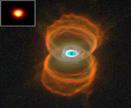 The Hourglass Nebula, formed around a Red Giant (similar to the type shown in the inset), in which conspicuous loops are guided by magnetic fields; the loops are made evident by Zeeman excitation of water molecules.