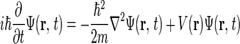i\hbar\frac{\partial}{\partial t} \Psi(\mathbf{r},\,t) = -\frac{\hbar^2}{2m}\nabla^2\Psi(\mathbf{r},\,t) + V(\mathbf{r})\Psi(\mathbf{r},\,t)